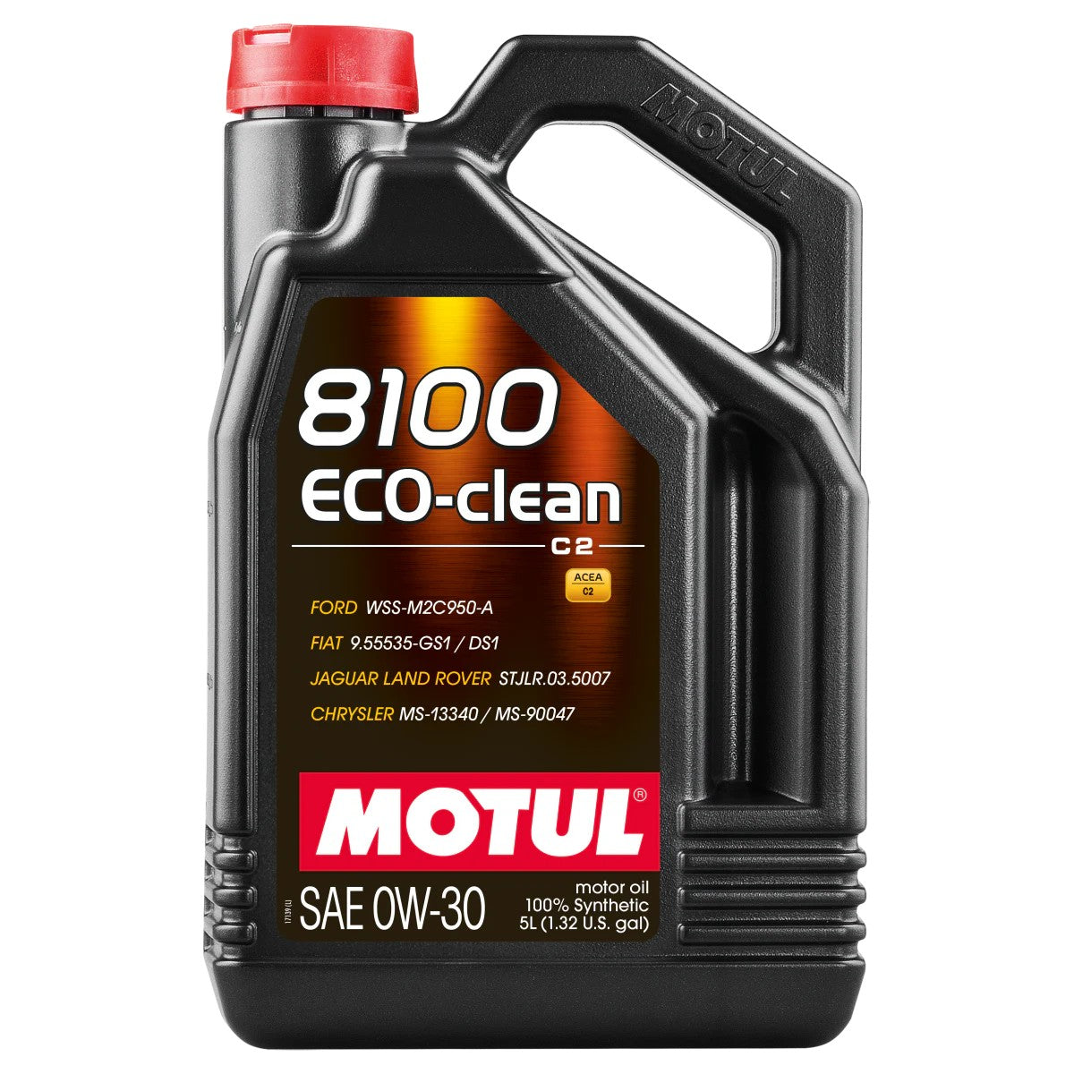 Case of four 5-liter jugs of Motul 8100 ECO-CLEAN 0W-30 synthetic engine oil showing ACEA C2 and ST.JLR 03.5007 specs.