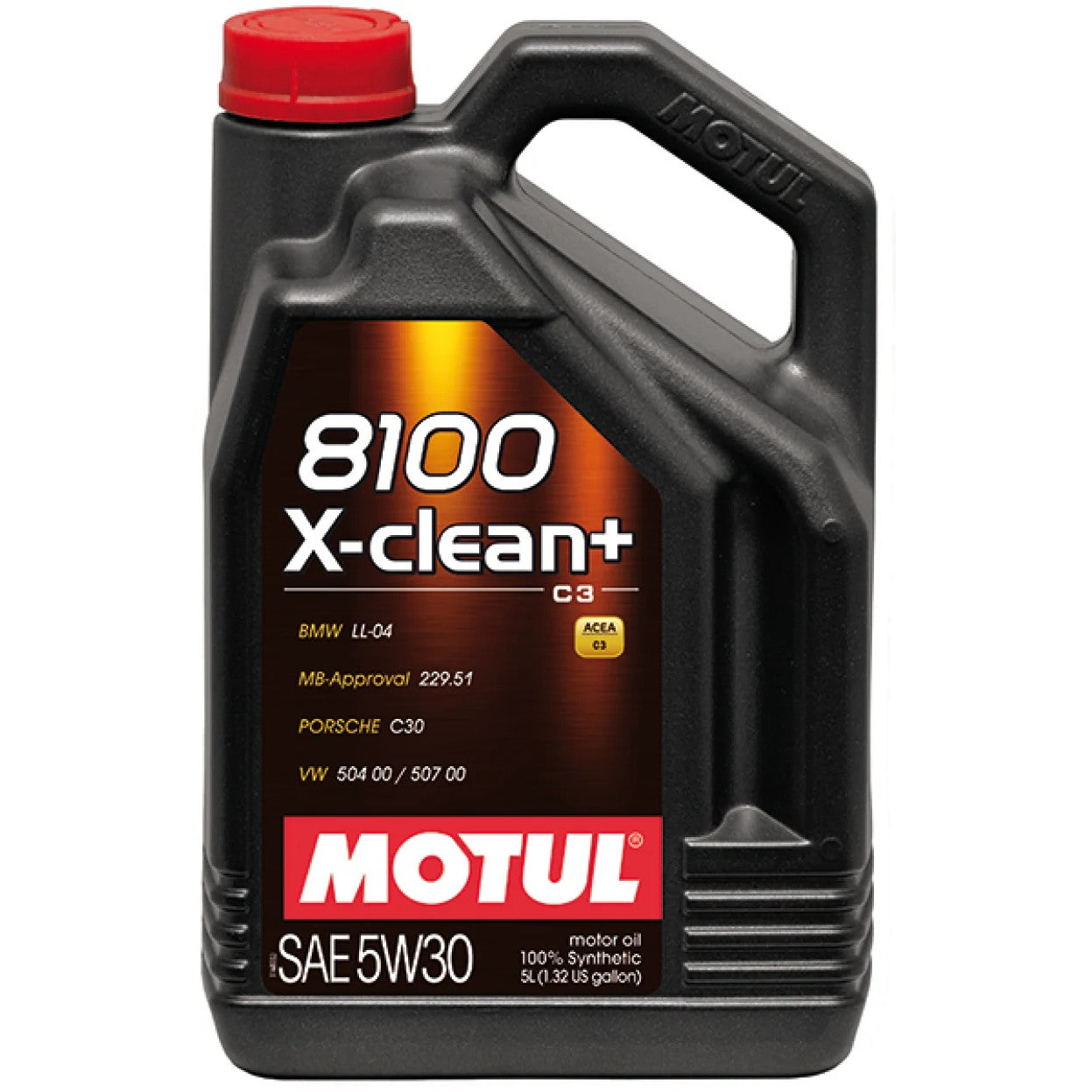 5-liter jug of Motul 8100 X-CLEAN+ 5W30 synthetic engine oil with gold and black labeling