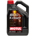 5-liter jug of Motul 8100 X-CLEAN+ 5W30 synthetic engine oil with gold and black labeling