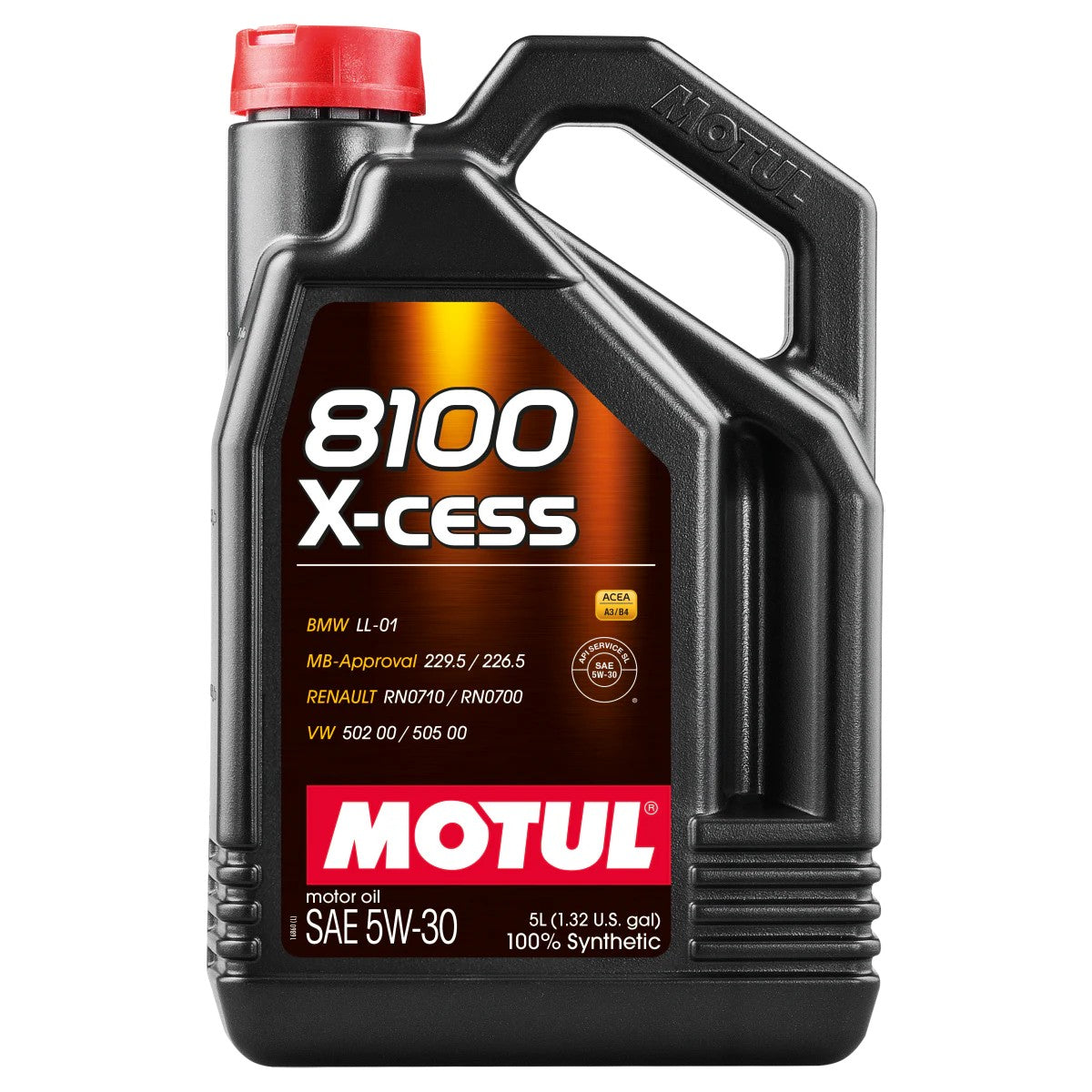 Five-liter jug of Motul 8100 X-cess 5W-30 high-performance synthetic engine oil.