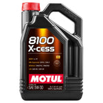 Five-liter jug of Motul 8100 X-cess 5W-30 high-performance synthetic engine oil.