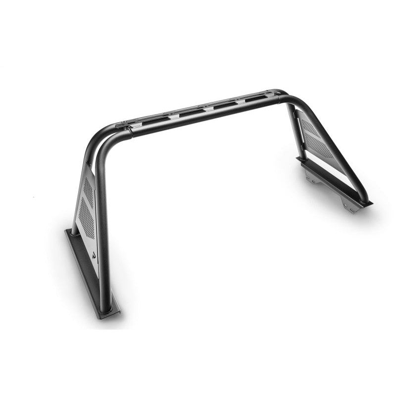 Textured black N-Fab ARC Series Sports Bar with tubular steel frame and light mount tabs installed on a Toyota Tacoma.
