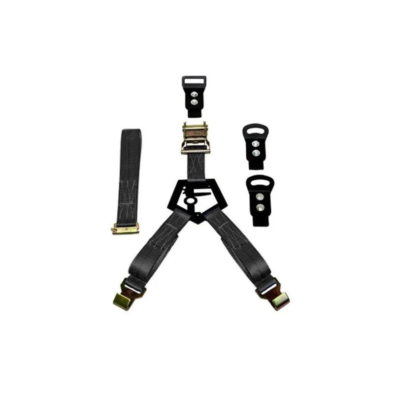 N-Fab bed-mounted tire strap system featuring gloss black turret brackets and black high-strength steel buckle