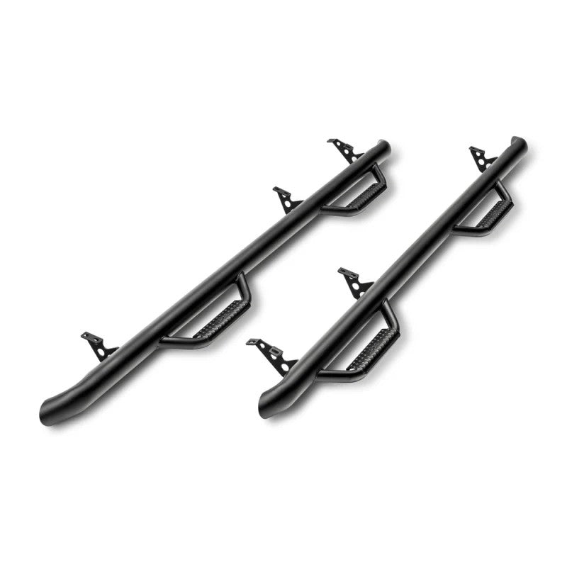 N-Fab textured black 3-inch wheel to wheel nerf steps with hoop steps for Toyota Tacoma Double Cab 6ft bed