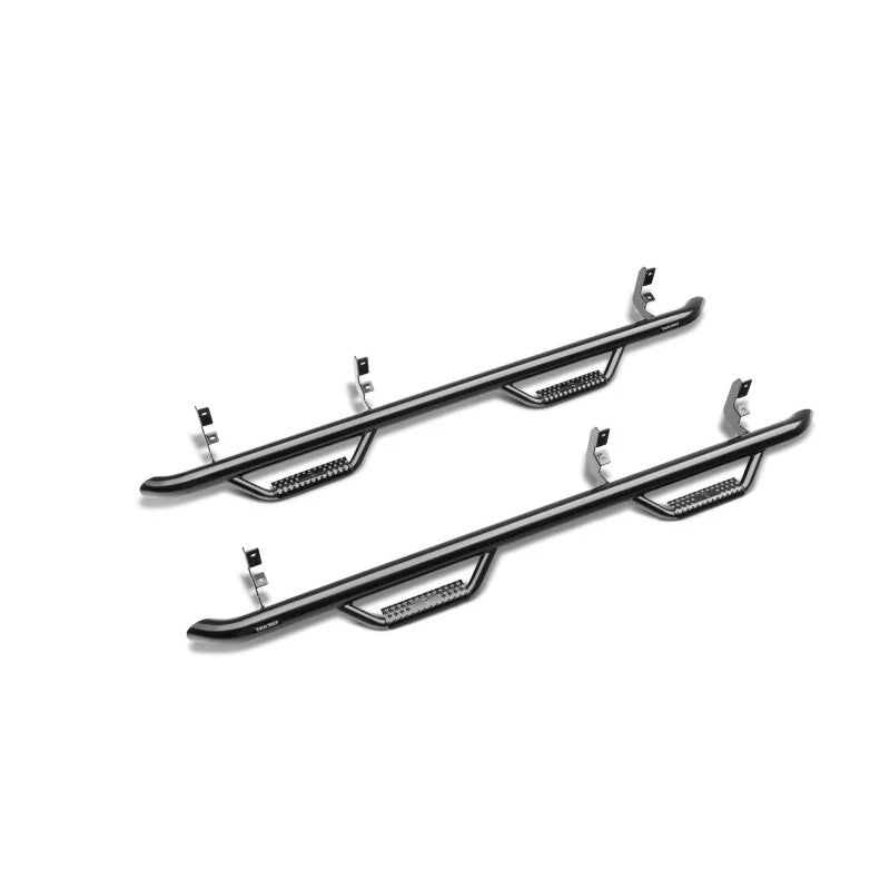 Gloss black 3-inch N-Fab Nerf Step with welded hoop steps for 2019-2026 Chevrolet and GMC Crew Cab trucks.
