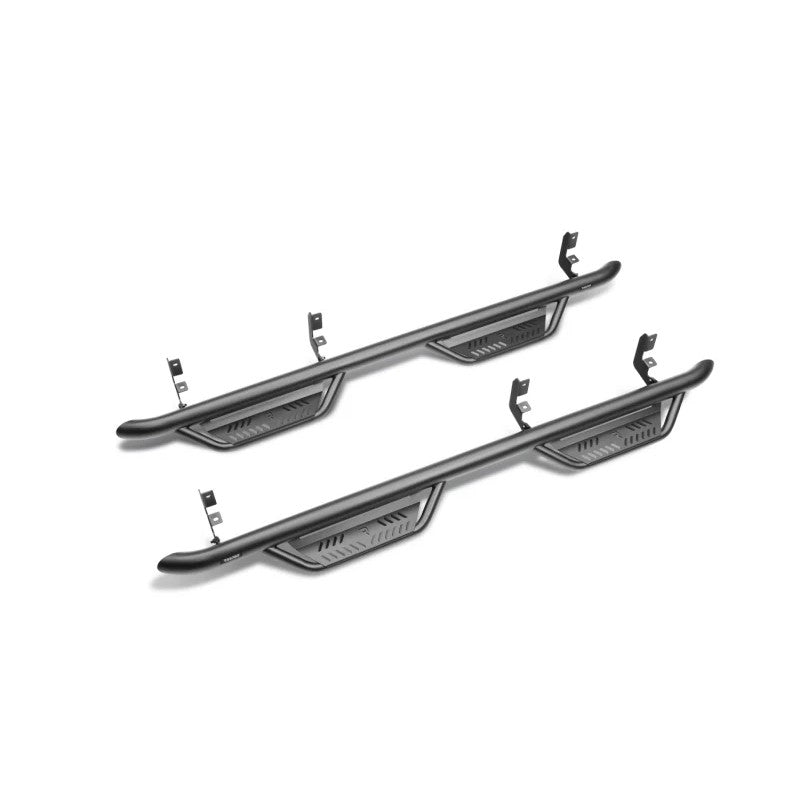 Textured black N-Fab Podium LG side steps with 3-inch main tube and drop-down hoop steps for Crew Cab trucks.