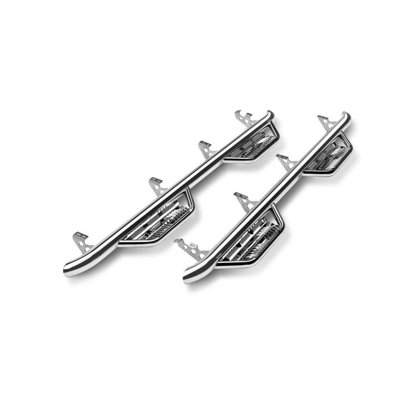 Polished stainless steel 3-inch cab-length nerf bars with drop-down hoop steps for Chevy Silverado and GMC Sierra Crew Cab.