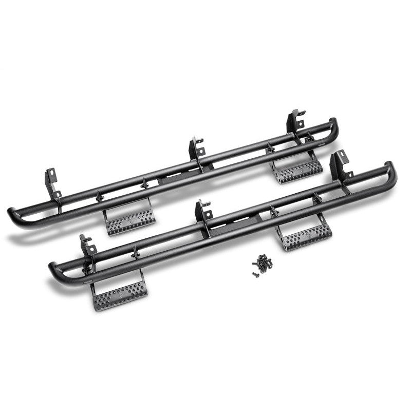 Textured black N-Fab RKR dual-rail rock rails and step system for 2019-2026 Chevy Silverado and GMC Sierra Crew Cab.