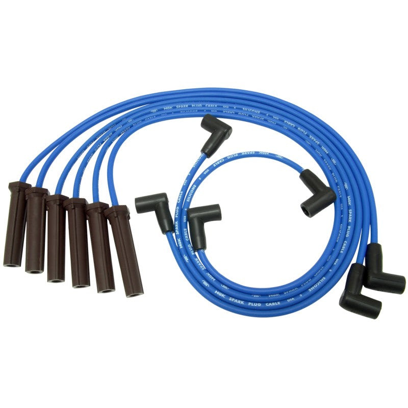 NGK 51021 spark plug wire set featuring blue silicone jackets and stainless steel terminals for GM vehicles.