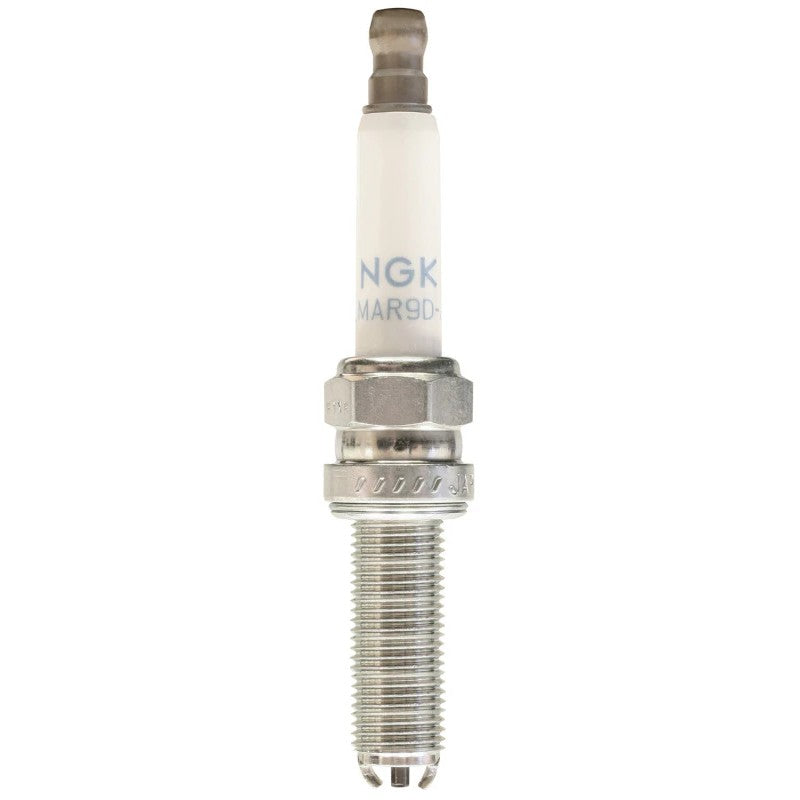Box of ten NGK LMAR9D-J Standard spark plugs showing nickel alloy electrodes and ceramic insulators.