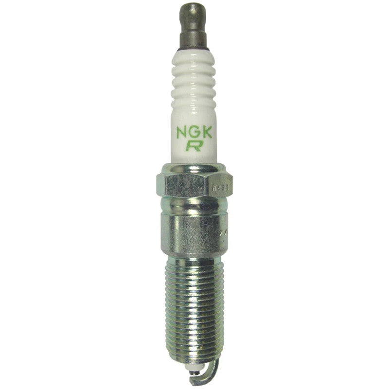 Four NGK Copper V-Power LZTR5A-13 spark plugs with white ceramic insulators and V-cut nickel electrodes.