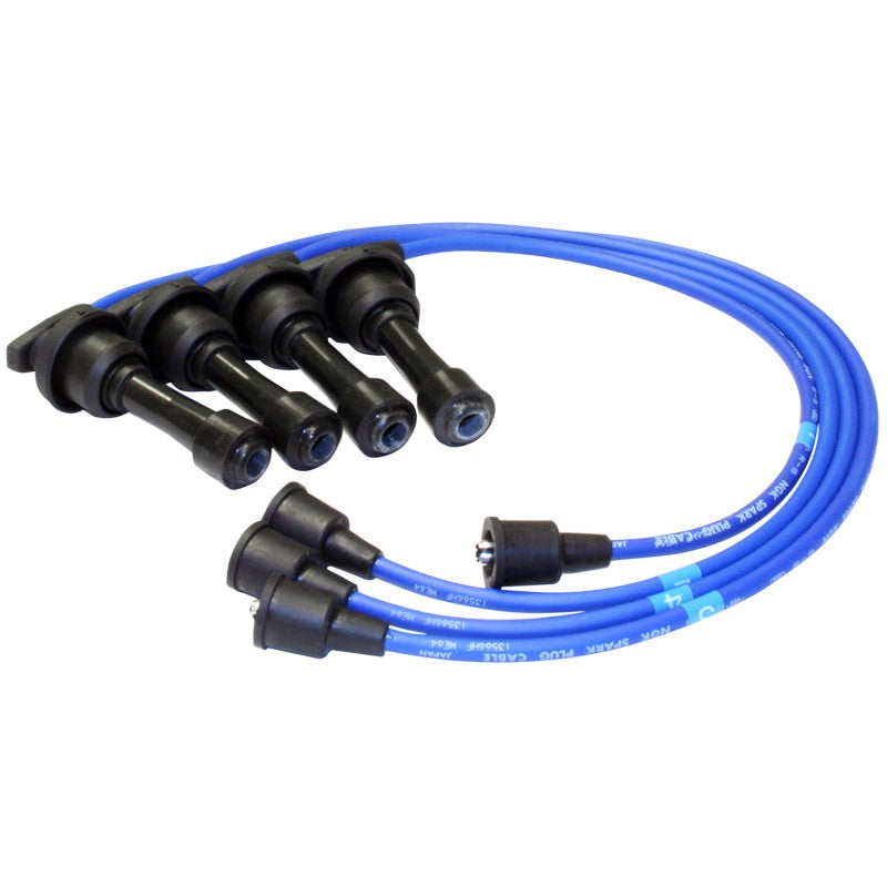 NGK 9634 ignition wire set featuring blue high-voltage cables with durable silicone boots and stainless steel terminals.