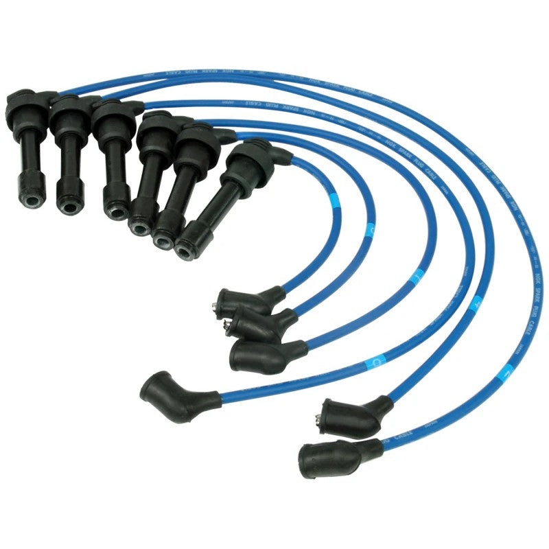 NGK 8101 spark plug wire set with blue silicone jackets and corrosion-resistant stainless steel terminals.