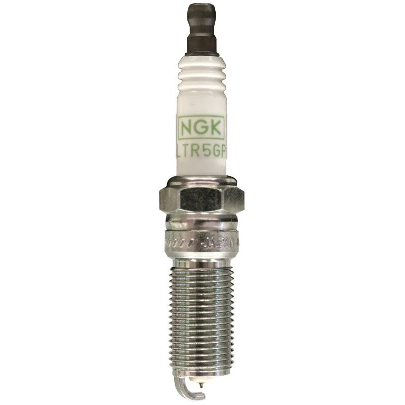Set of four NGK G-Power Platinum LTR5GP spark plugs with fine-wire platinum tips and trapezoidal ground electrodes.