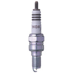 NGK Iridium IX CR8EHIX-9 spark plug showing the 0.6mm fine wire iridium tip and tapered ground electrode.