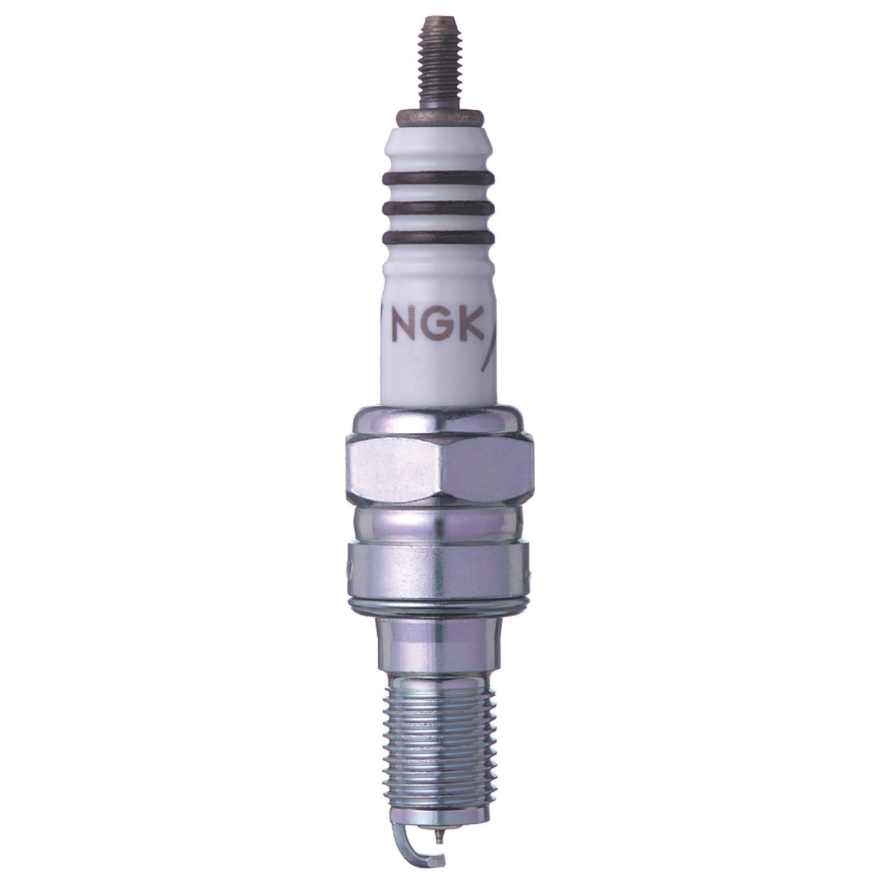 NGK Iridium IX CR8EHIX-9 spark plug showing the 0.6mm fine wire iridium tip and tapered ground electrode.