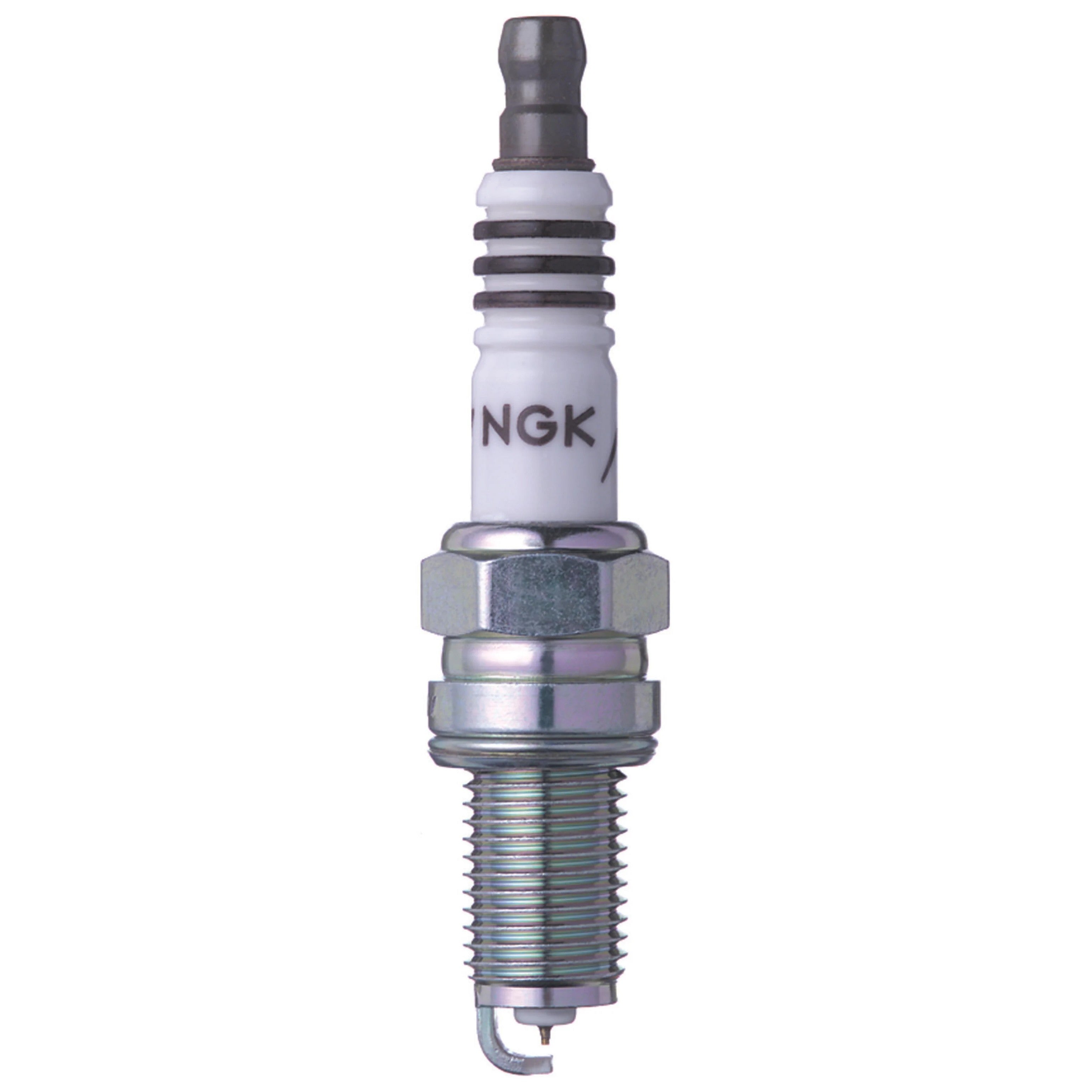 Four NGK Iridium IX DCPR6EIX spark plugs showing the fine-wire iridium tip and trivalent plating.