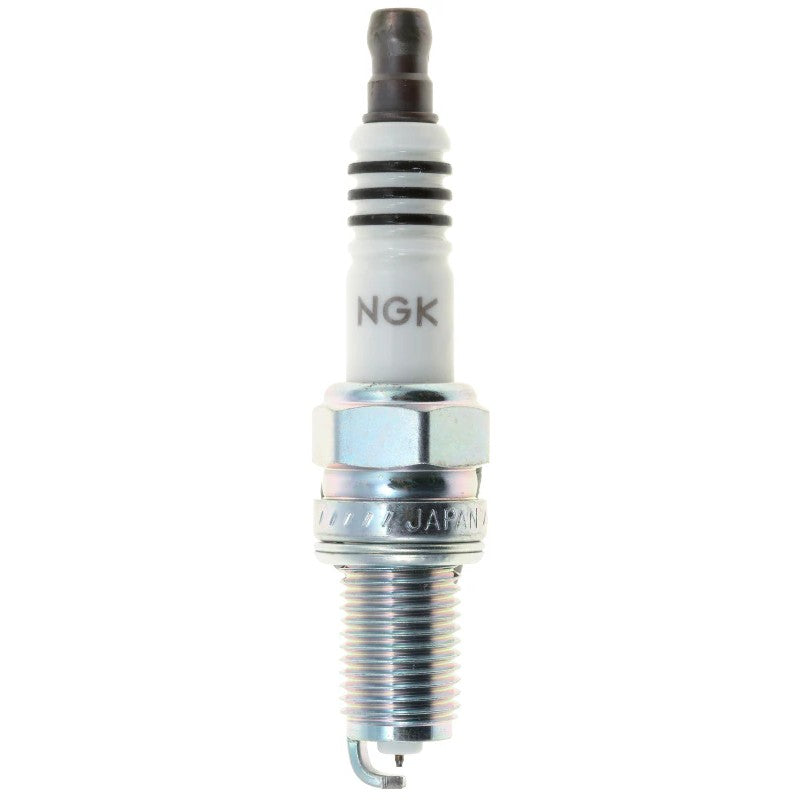Set of four NGK Iridium IX DCPR8EIX SOLID spark plugs with fine wire center electrodes and trivalent metal plating.