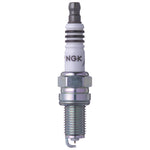 NGK Iridium IX Spark Plug (DVPR9EIX) box of four showing the fine-wire iridium tip and tapered ground electrode.