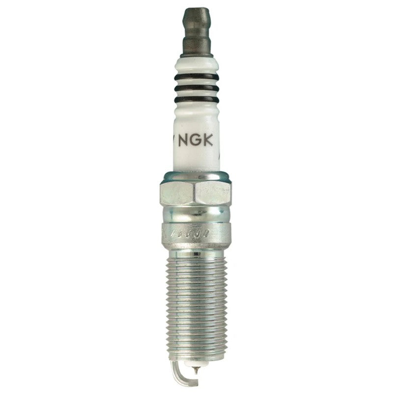 NGK Iridium IX LTR6IX-11 spark plug showing the fine wire iridium tip and trivalent plated metal shell.