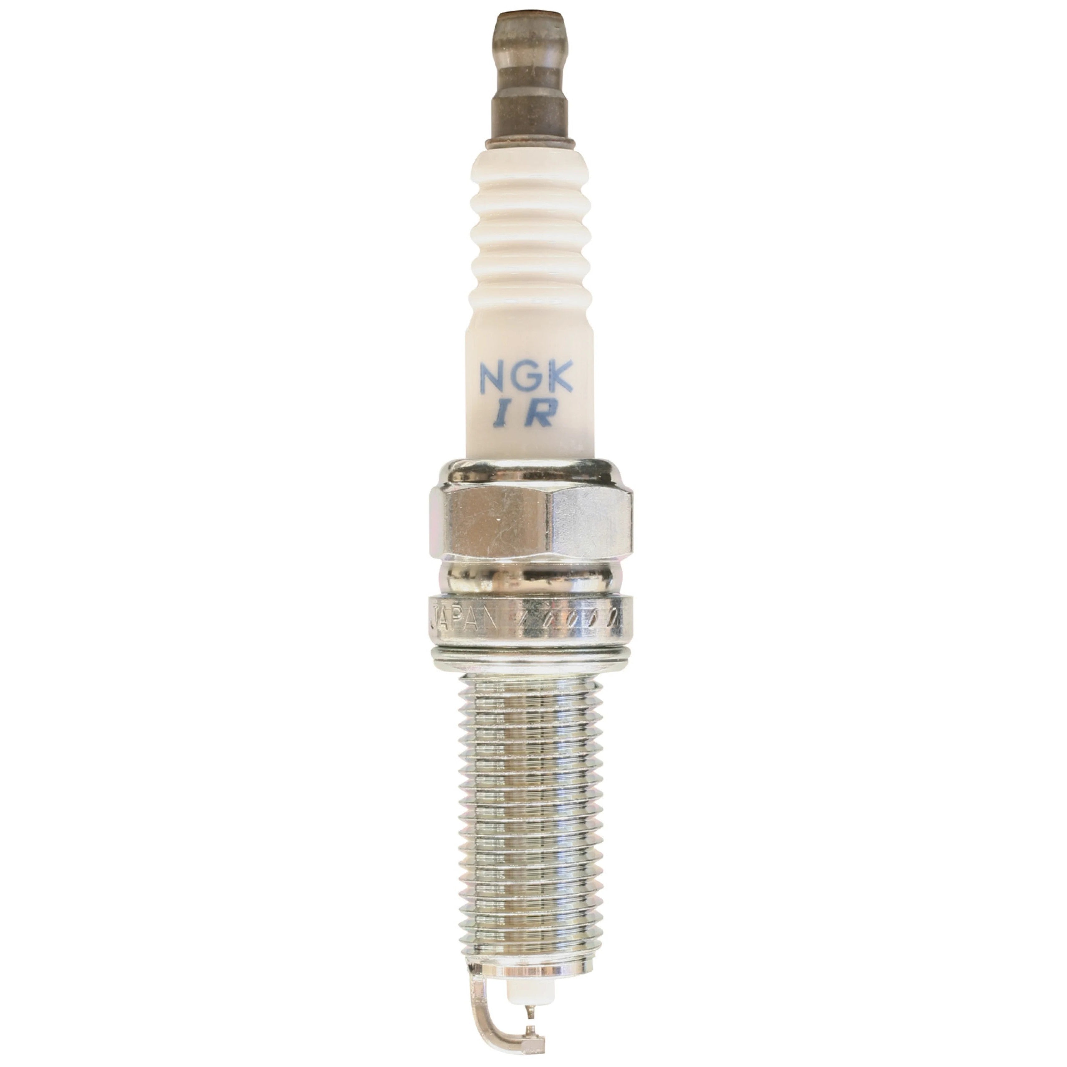 Set of four NGK Laser Iridium DILKR8B6 spark plugs with white ceramic insulators and trivalent metal plating.