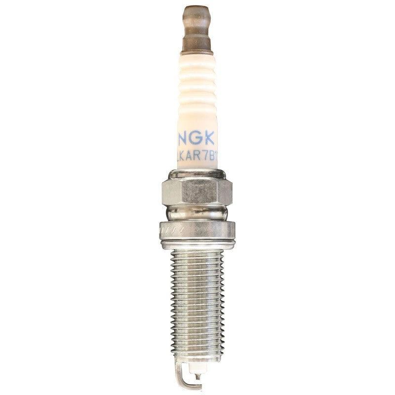 Set of four NGK Laser Iridium spark plugs (ILKAR7B11) with iridium-tipped center electrodes and platinum ground pads.