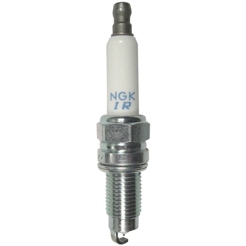 Box of 4 NGK Laser Iridium IZKR7B spark plugs with iridium-tipped center electrodes and alumina silicate insulators.