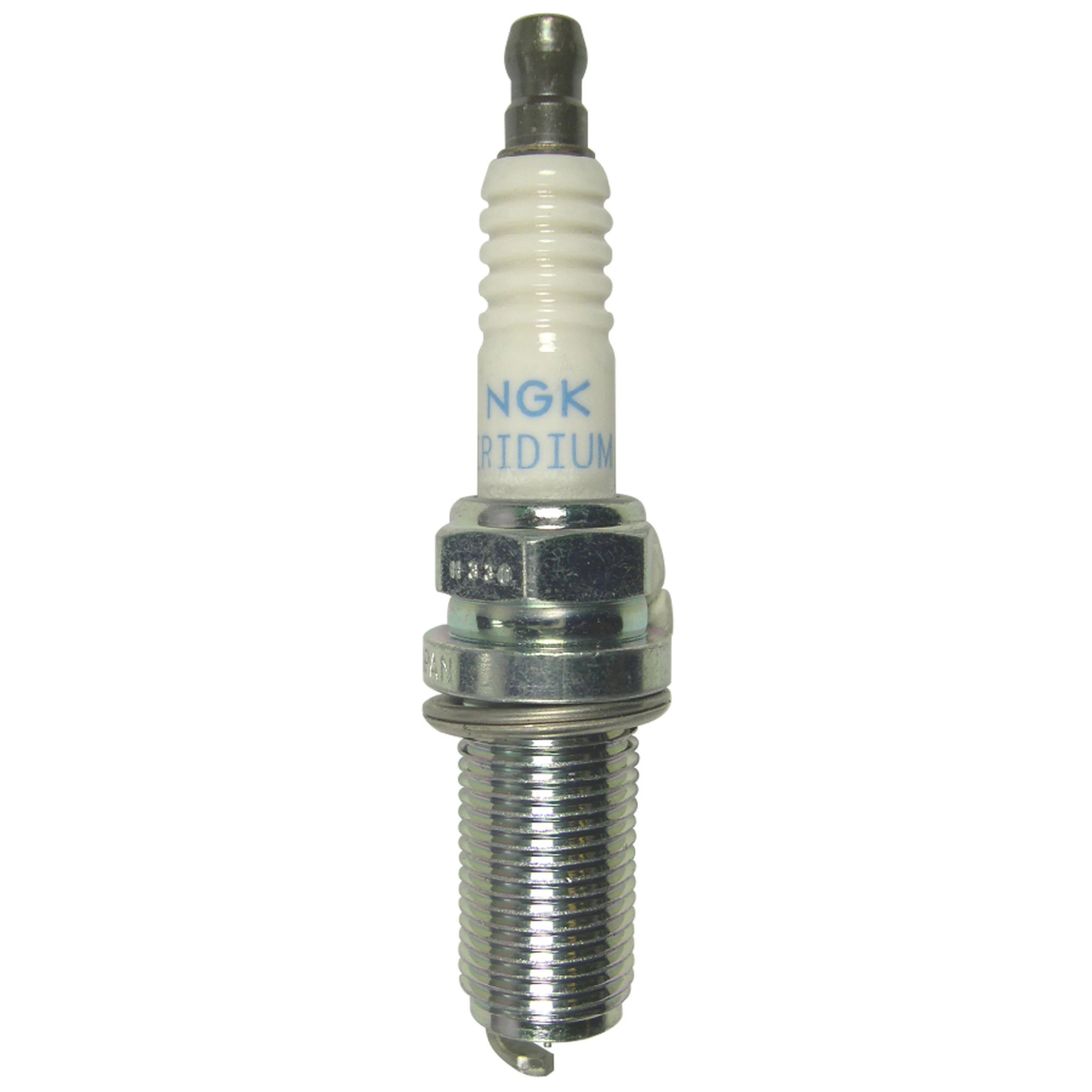Four NGK Iridium Racing spark plugs with white ceramic insulators and silver trivalent metal shells.