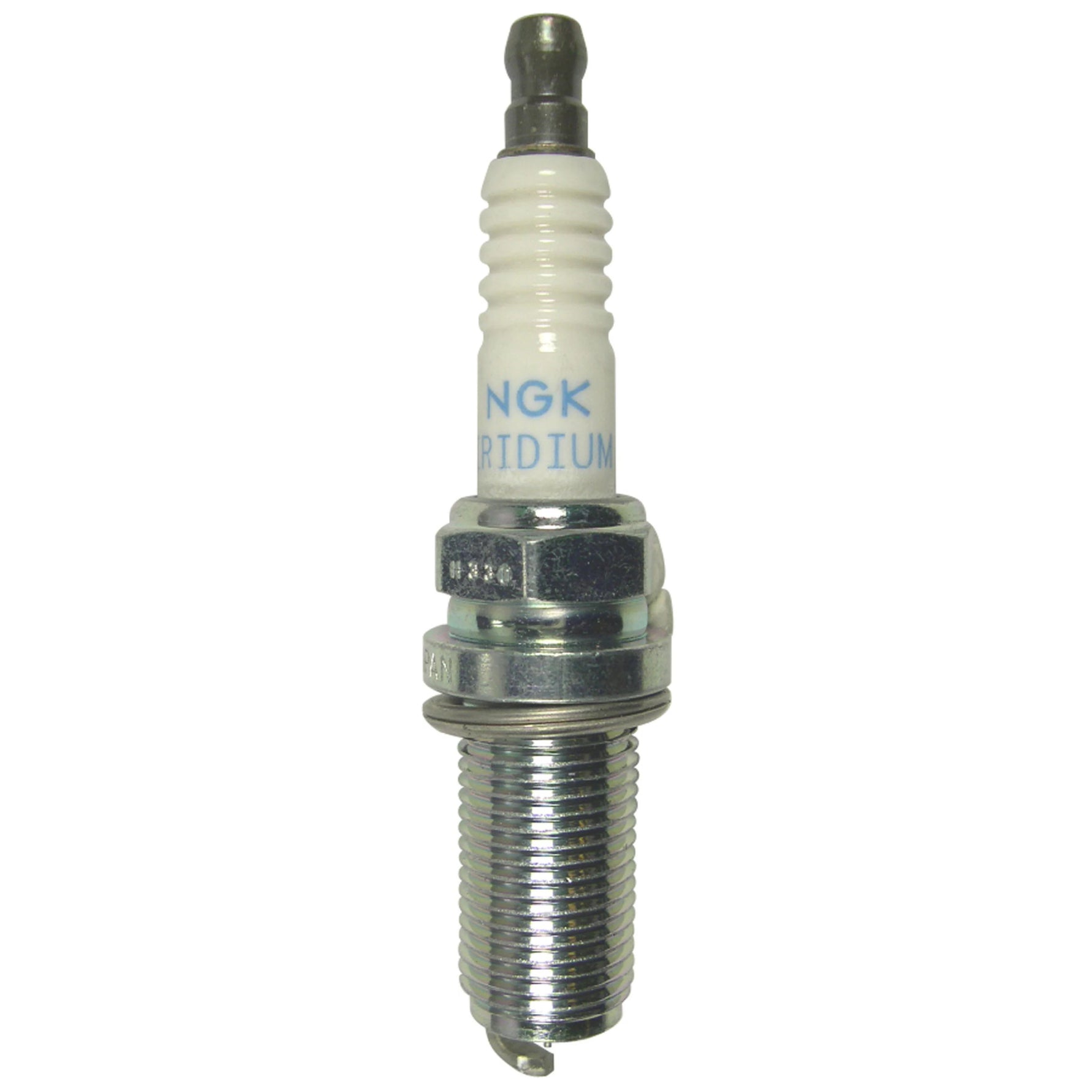 Four NGK Iridium Racing spark plugs with white ceramic insulators and silver trivalent metal shells.