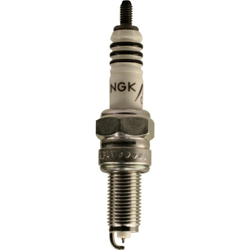 NGK Iridium IX CPR8EAIX-9 spark plug showing the fine wire iridium center electrode and tapered ground electrode.