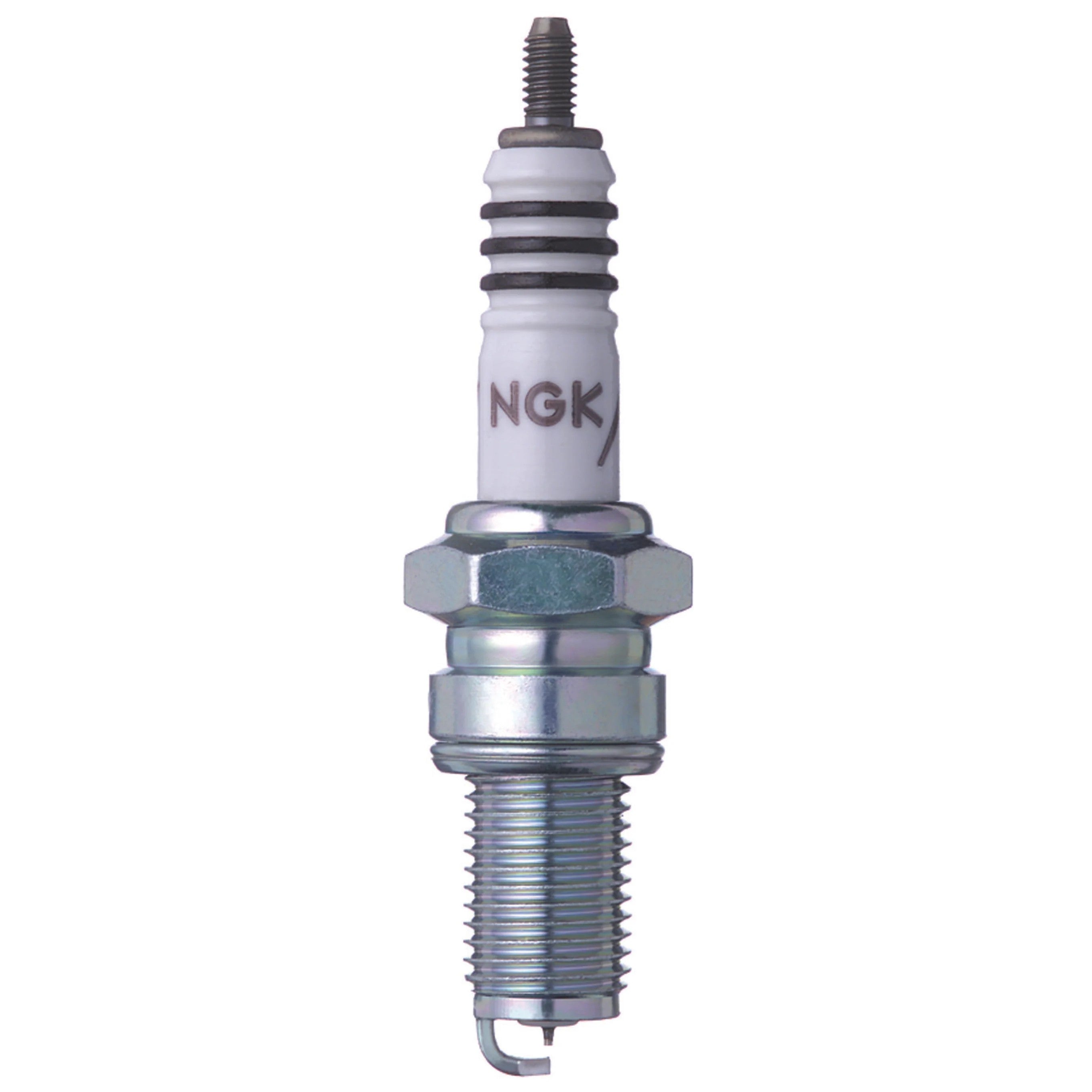 NGK Iridium IX spark plug DRR8EIX showing the fine wire iridium center electrode and tapered ground electrode.