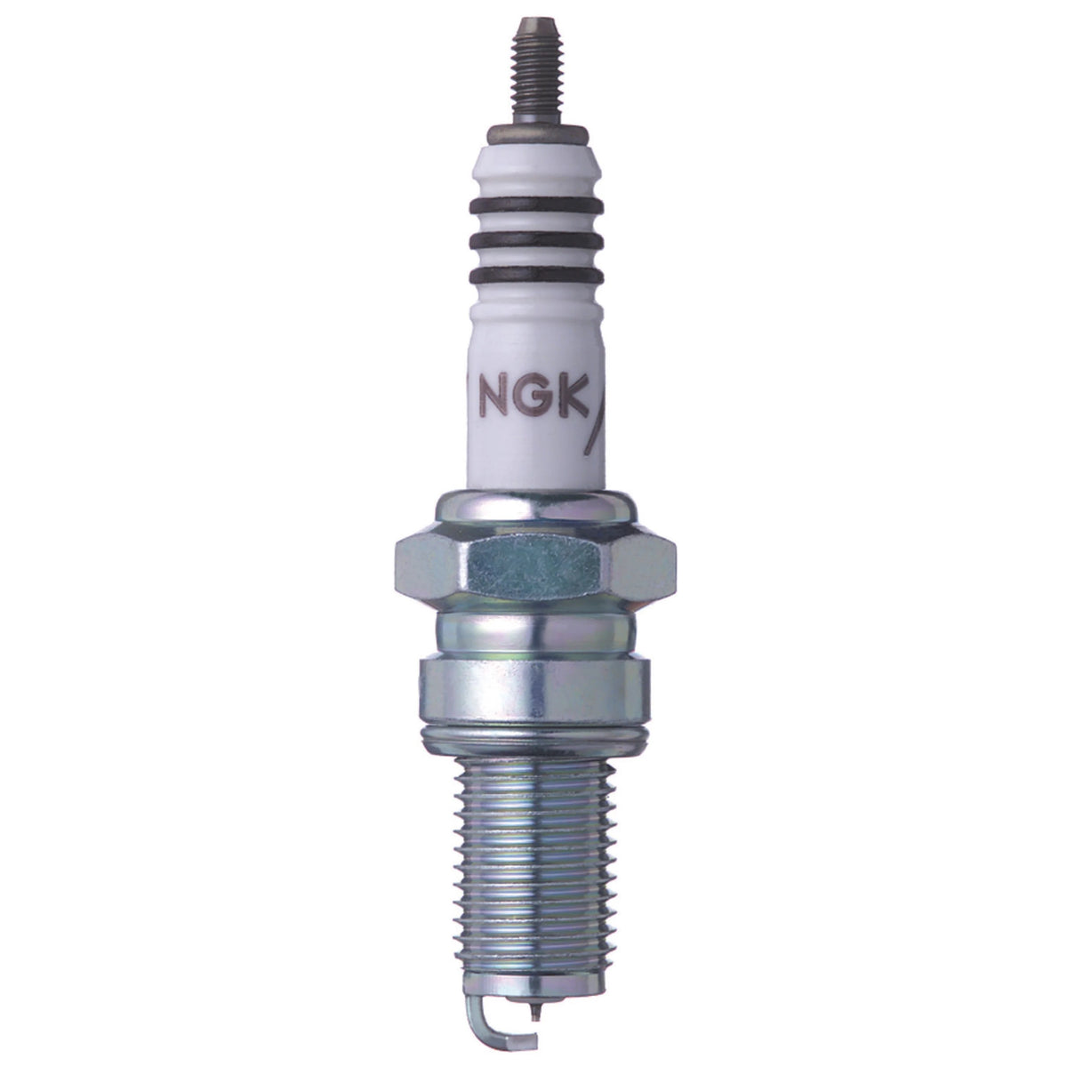 NGK Iridium IX spark plug DRR8EIX showing the fine wire iridium center electrode and tapered ground electrode.
