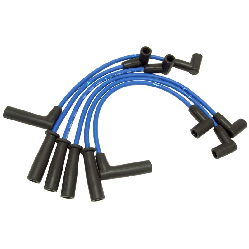 NGK 53168 Spark Plug Wire Set with blue silicone jackets and black spark plug boots for 1991-1999 Jeep vehicles.