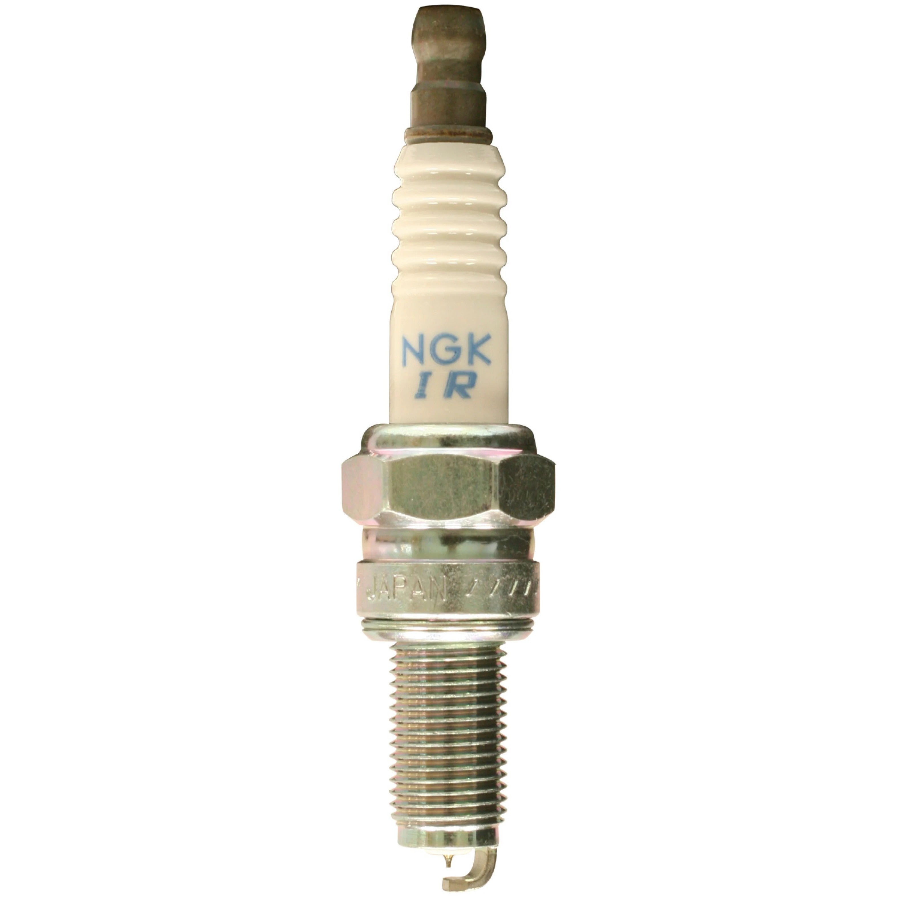 Box of four NGK Laser Iridium spark plugs CR8EIB-10 with fine-wire iridium center electrodes and copper cores.