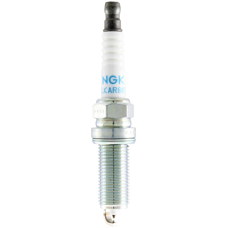 Four NGK Laser Iridium High Ignitability spark plugs DILKAR8K8G with iridium tips and platinum ground electrodes.