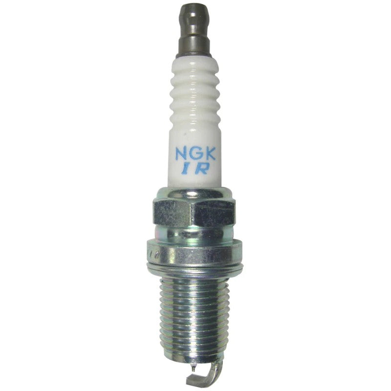 Set of four NGK Laser Iridium IFR5L11 spark plugs with white ceramic insulators and trivalent metal plating.