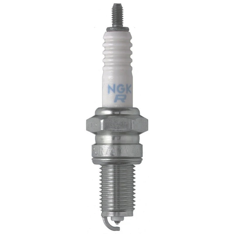 NGK Laser Iridium IJR7A9 spark plug set showing the fine-wire iridium center electrode and ceramic insulator.