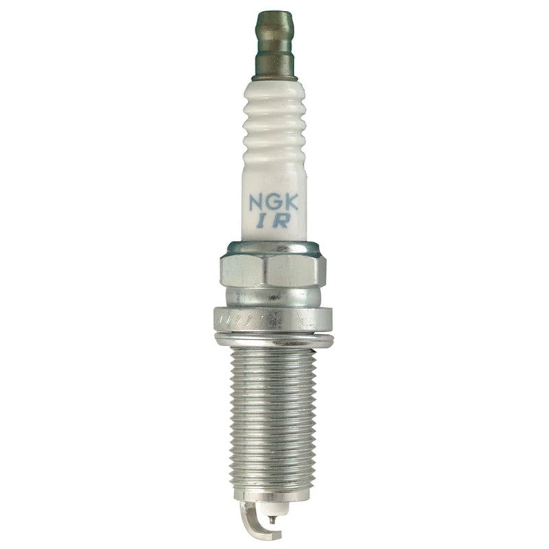 Set of 4 NGK Laser Iridium ILFR6T11 spark plugs with trivalent metal plating and ceramic insulators.