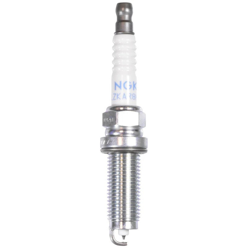 Four NGK Laser Iridium spark plugs (ILZKAR8H8S) featuring white ceramic insulators and trivalent metal plating.