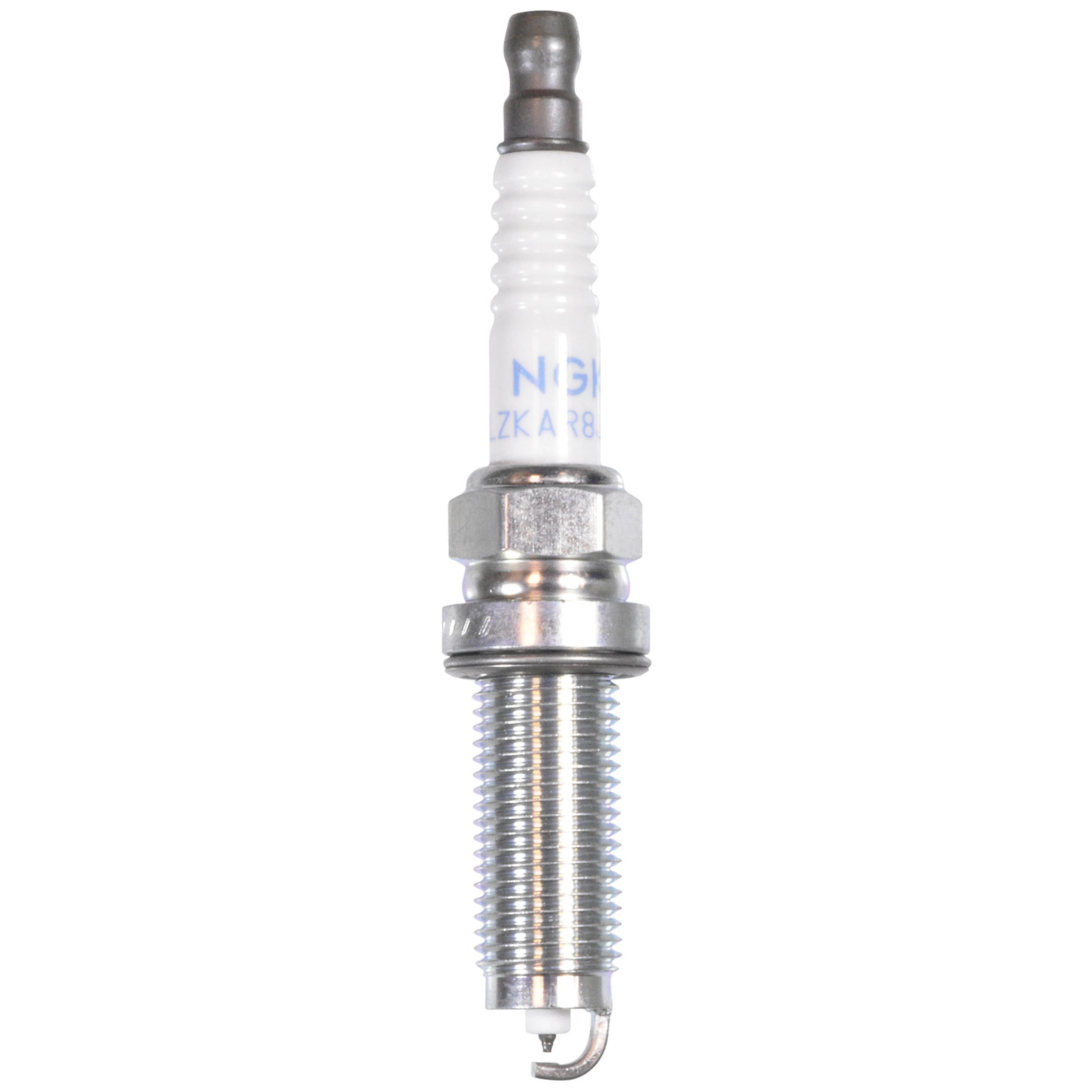 A box of four NGK Laser Iridium spark plugs (ILZKAR8J8SY) showing the iridium center electrode and trivalent plating.