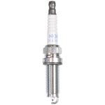 A box of four NGK Laser Iridium spark plugs (ILZKAR8J8SY) showing the iridium center electrode and trivalent plating.