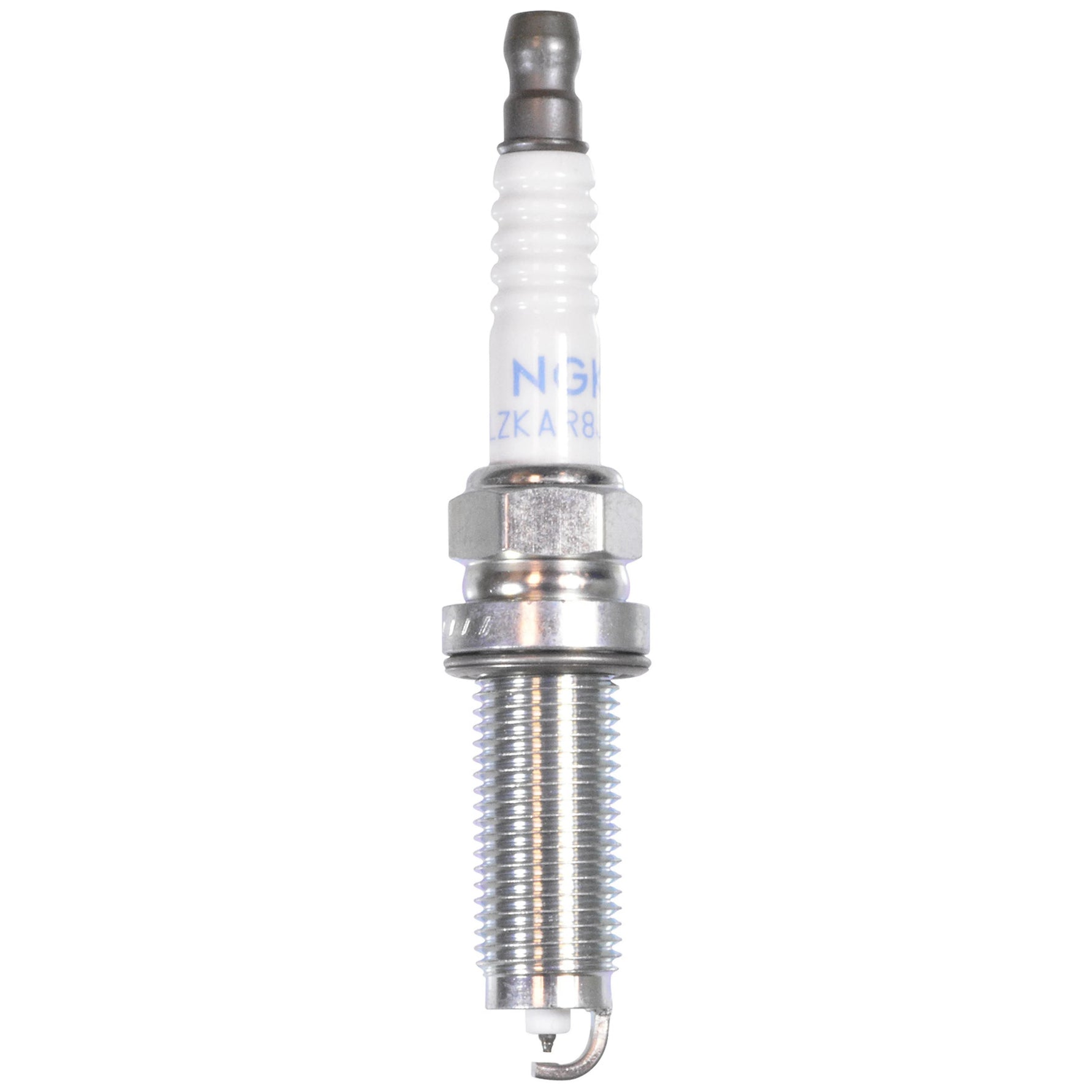 A box of four NGK Laser Iridium spark plugs (ILZKAR8J8SY) showing the iridium center electrode and trivalent plating.