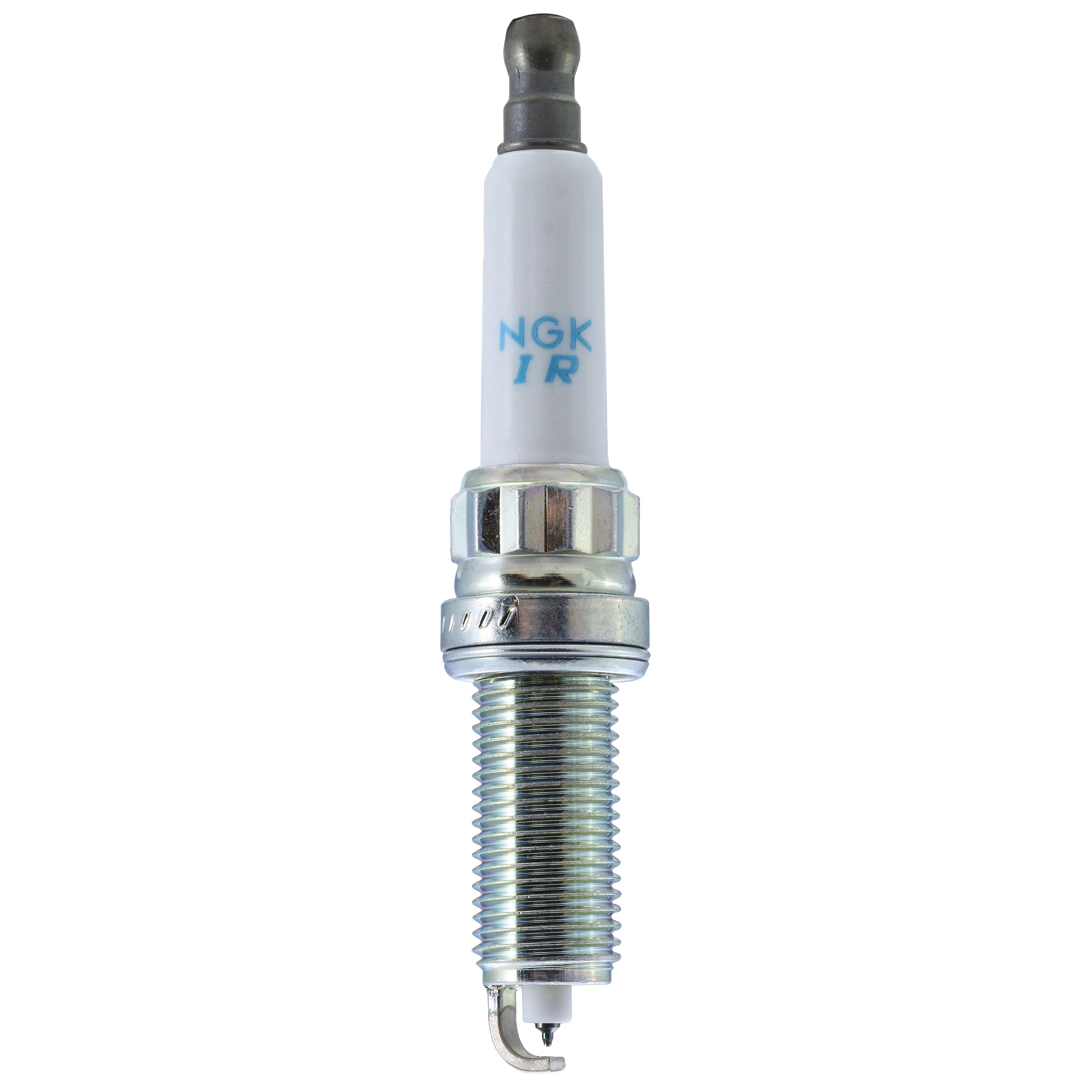 Set of four NGK Laser Iridium spark plugs (ILZKBR7B8G) with iridium center tips and white ceramic insulators.