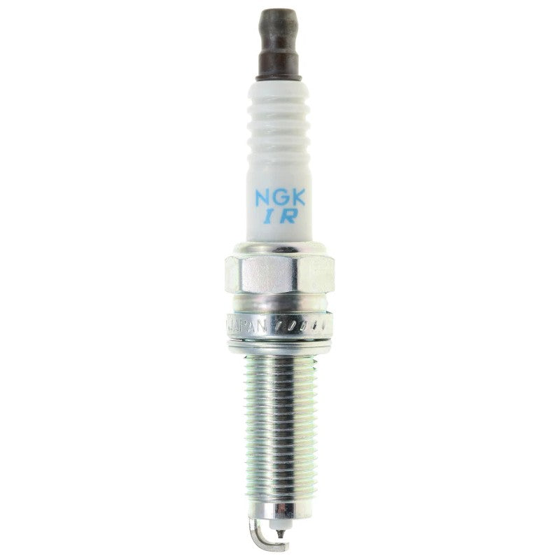 Box of 4 NGK Laser Iridium ILZKR7G7G spark plugs showing the fine-wire center electrode and metal plating.