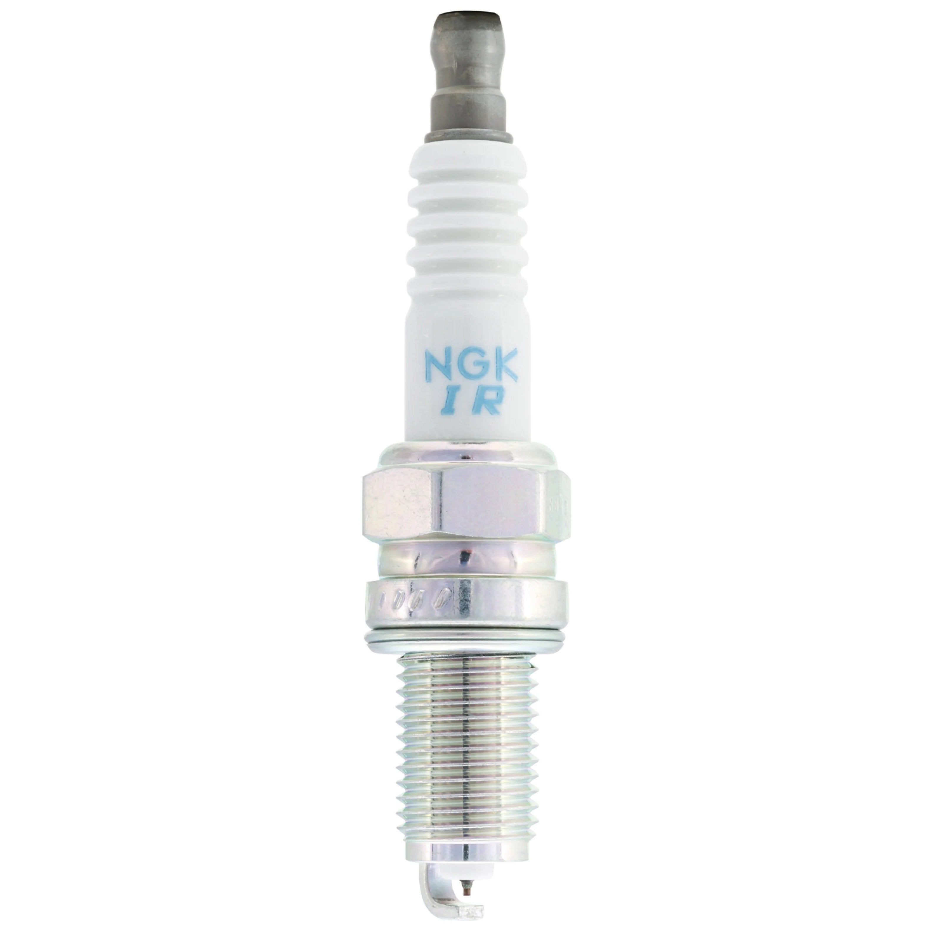 Set of four NGK KR8BI Laser Iridium spark plugs showing the iridium center electrode and trivalent metal plating.