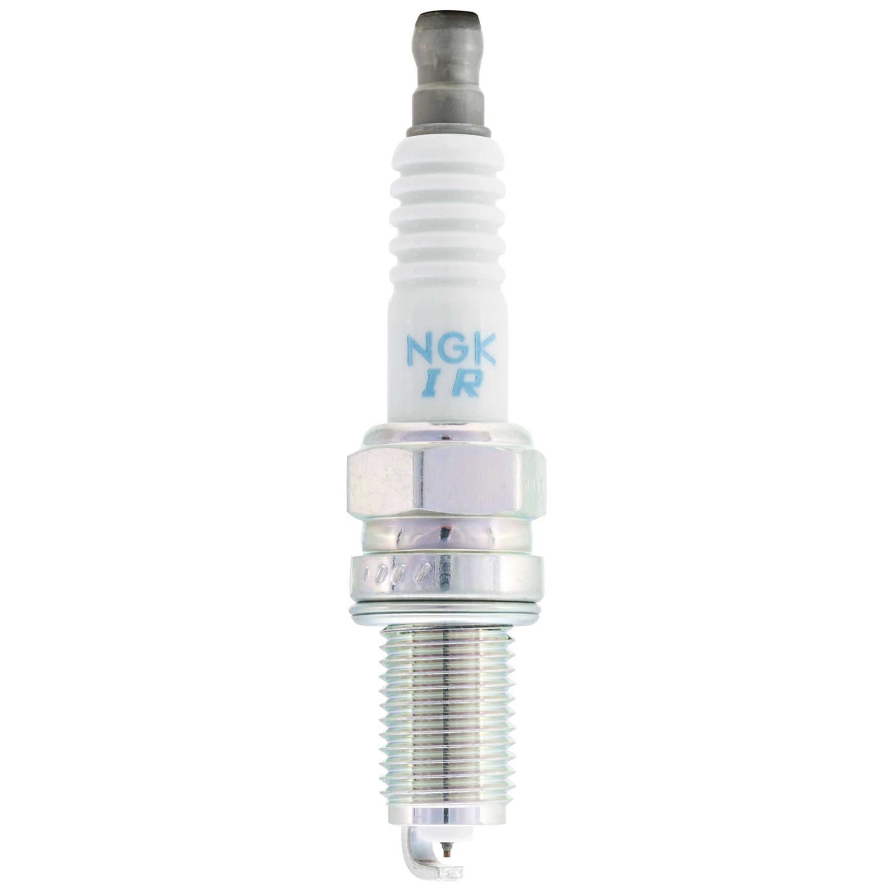 Set of four NGK KR8BI Laser Iridium spark plugs showing the iridium center electrode and trivalent metal plating.