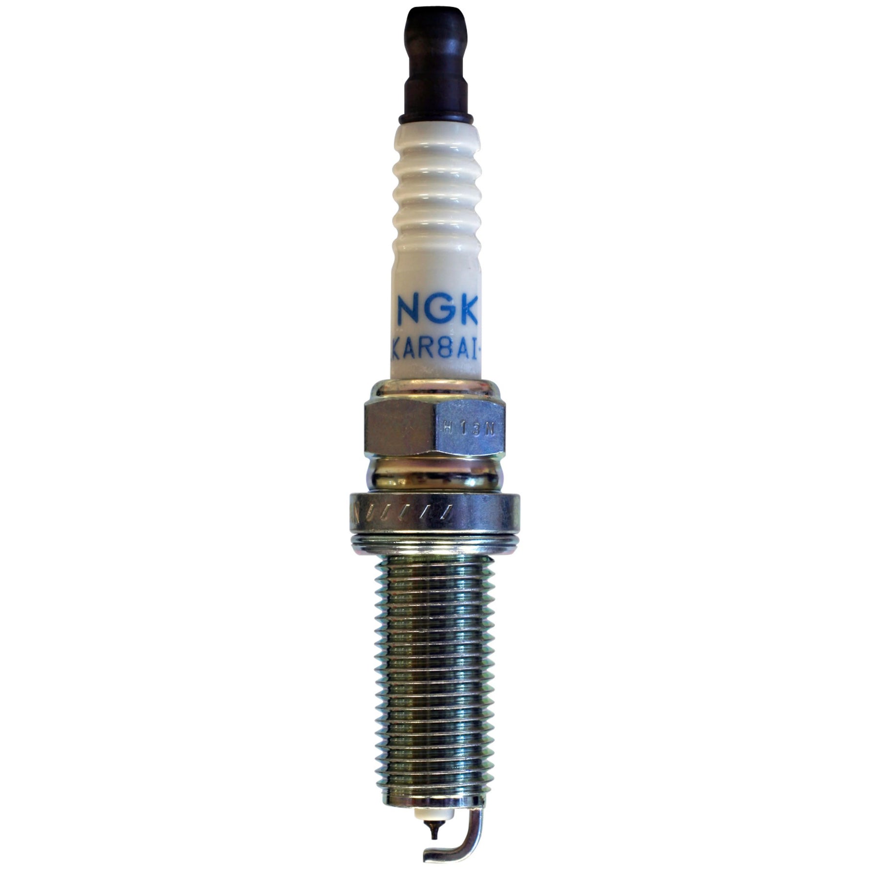 Set of 4 NGK Laser Iridium LKAR9BI-10 spark plugs showing iridium tips and platinum ground electrodes.
