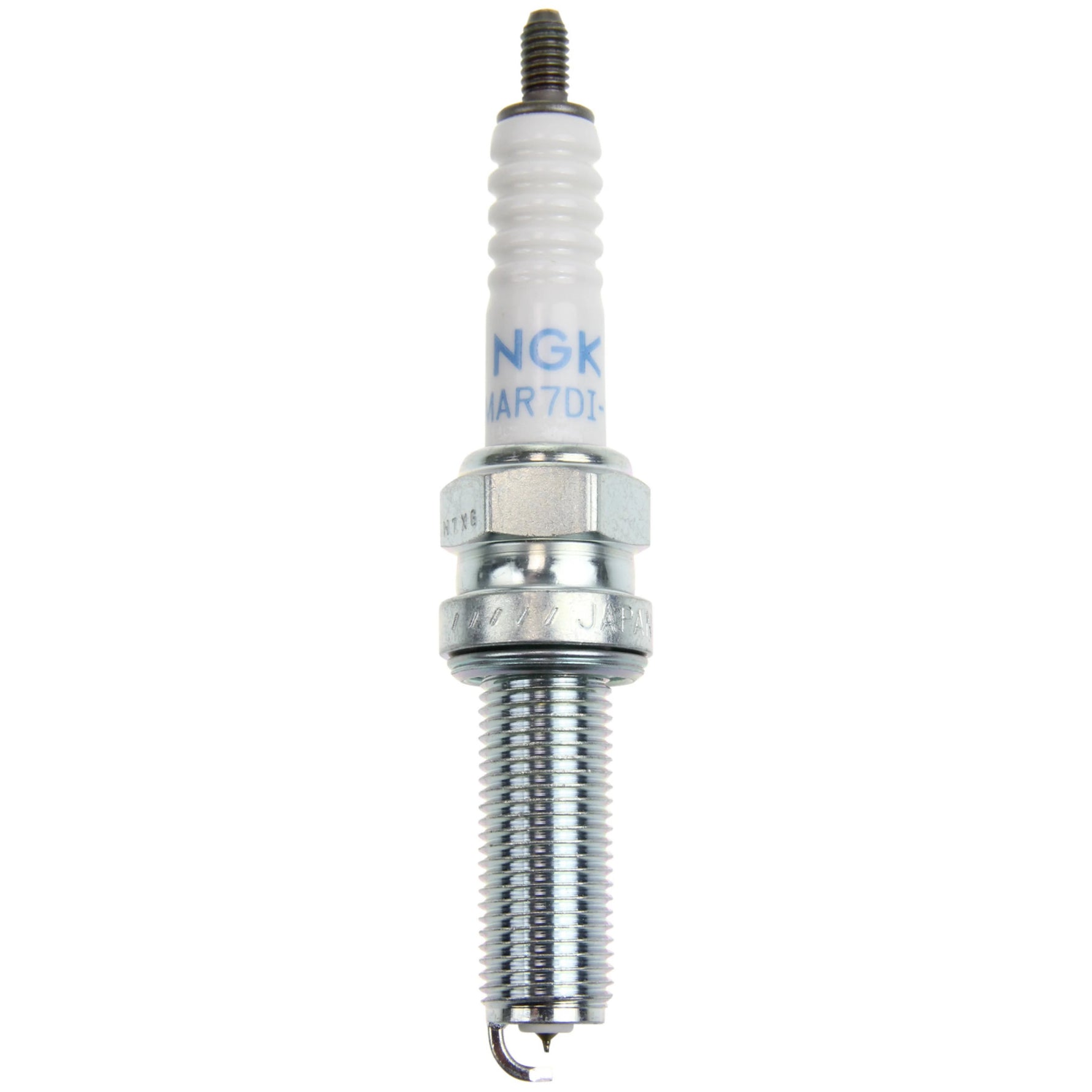 Set of four NGK Laser Iridium LMAR7DI-10 spark plugs showing the fine-wire iridium tip and threaded shell.