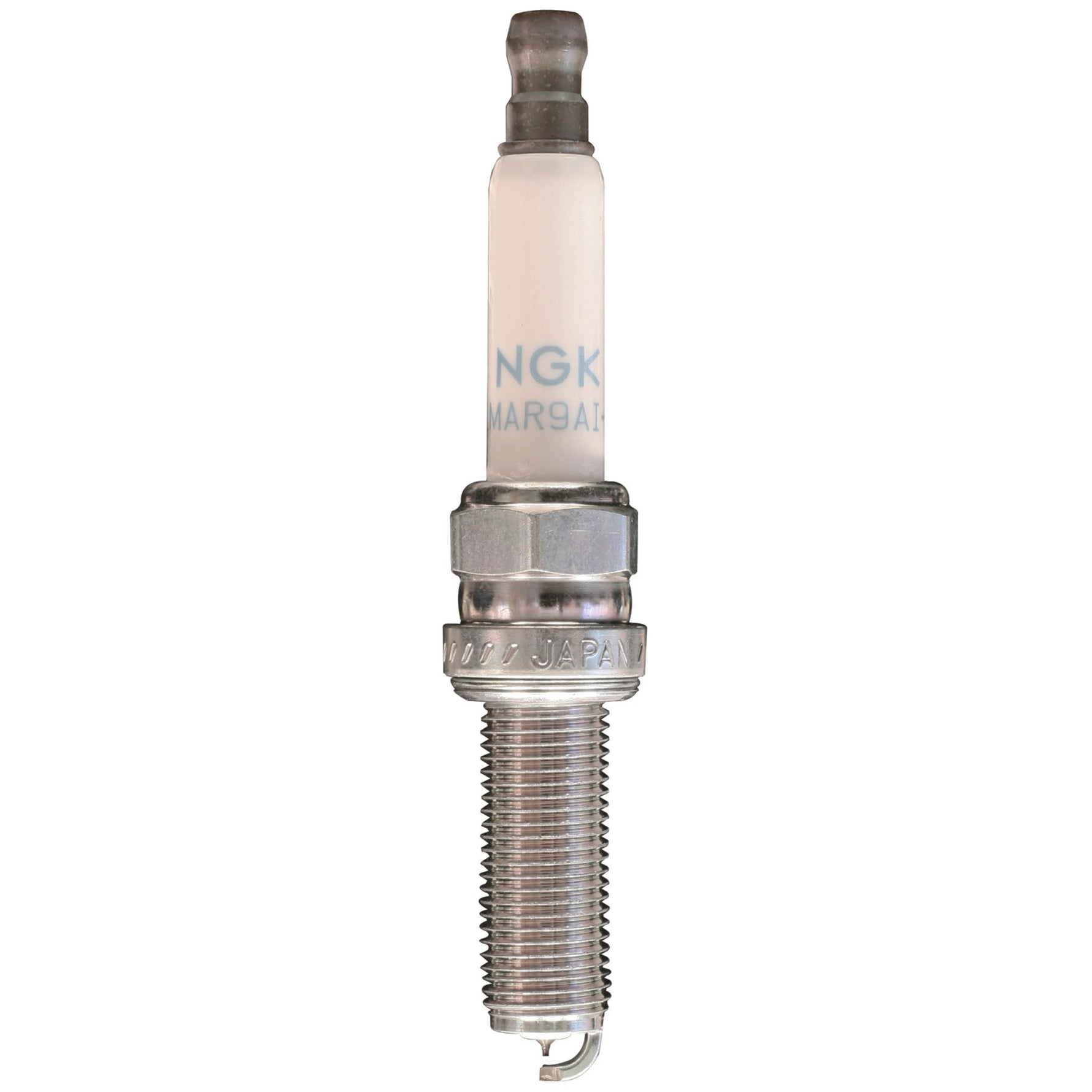Four NGK Laser Iridium LMAR8AI-8 spark plugs featuring iridium center electrodes and trivalent metal plating.