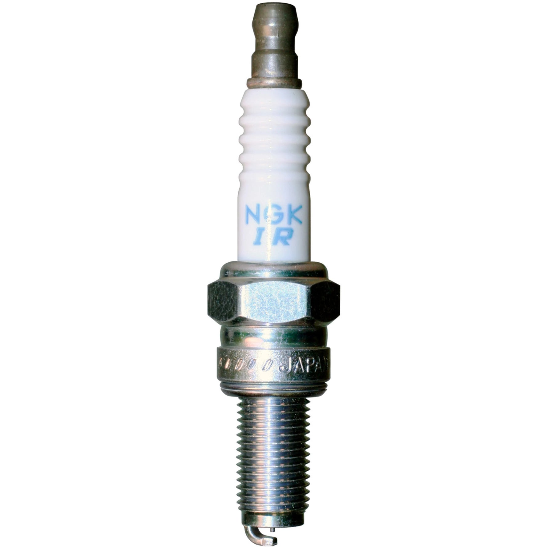 Set of four NGK Laser Iridium MR8BI-8 spark plugs with iridium center electrodes and trivalent metal plating.
